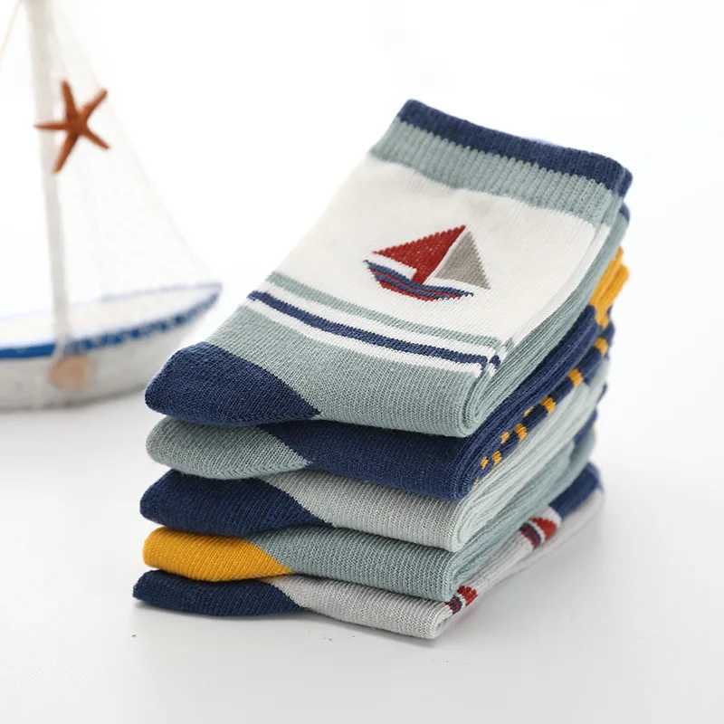 Kids Socks Children Wit Autumn And Winter New Kids Socks Cotton Cute Sailboat Pattern Boys Girls Socks 3-12 Year Student socks 5 Pairs Q240920