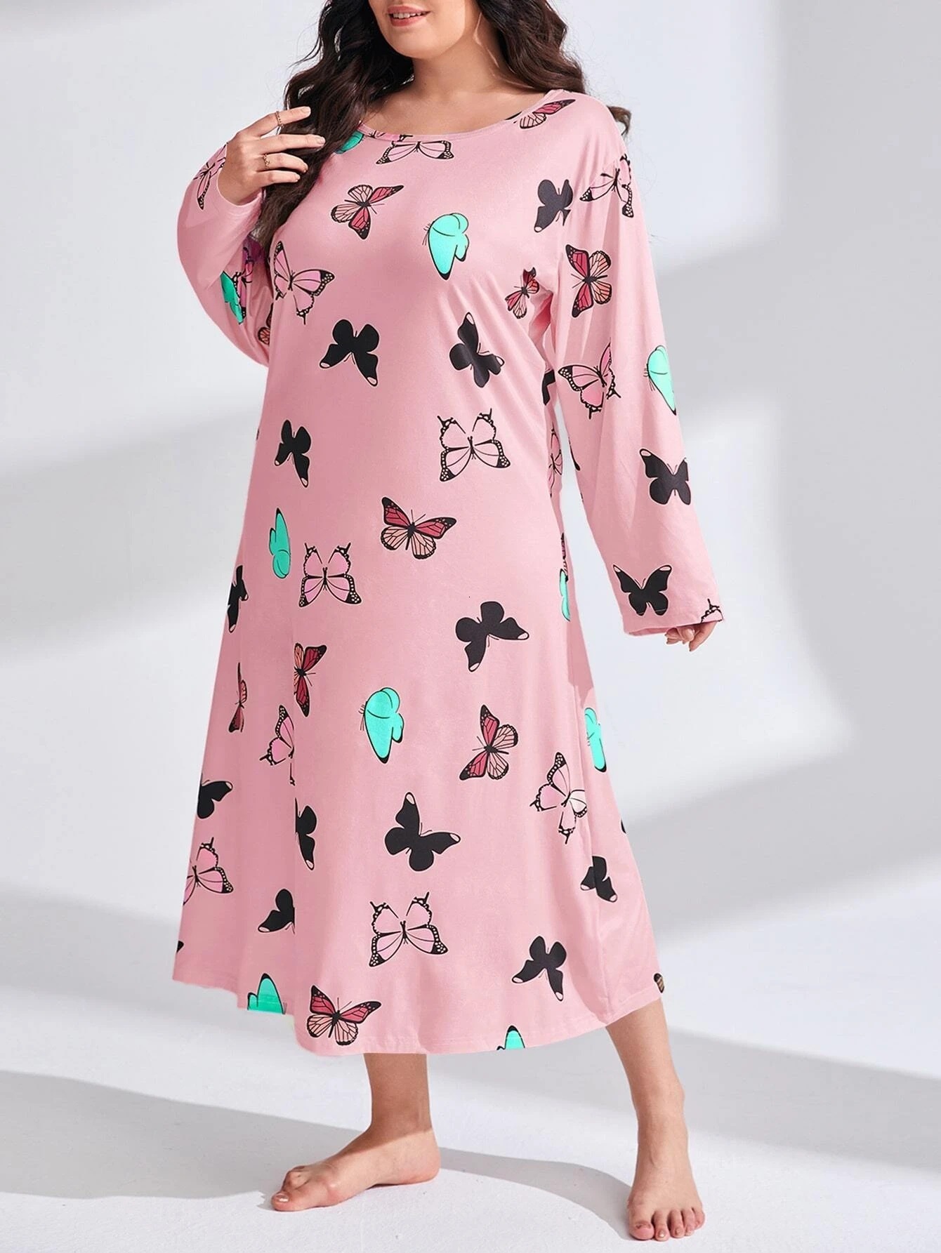 2024 Fat Po Women's Long sleeved Butterfly Heart Leopard Print Drop Shoulder Large Size Sleeping Dress