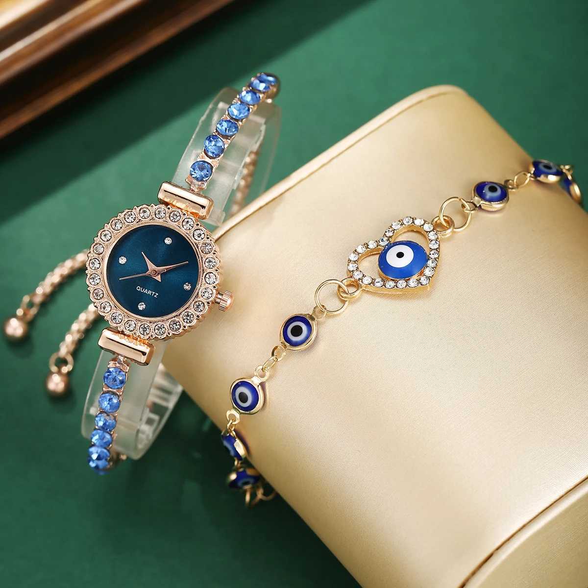 2PC Set Korean Womens Full Diamond Elegant Versatile Wrist Watch Quartz WatchX240920
