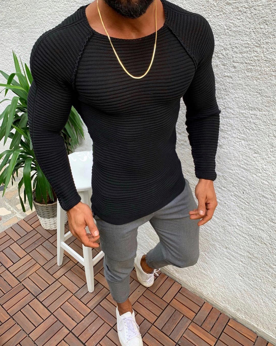 2023 Wind Autumn/Winter Fashion Men's Solid Color Knitted Slim Fit and Handsome Pullover Sweater