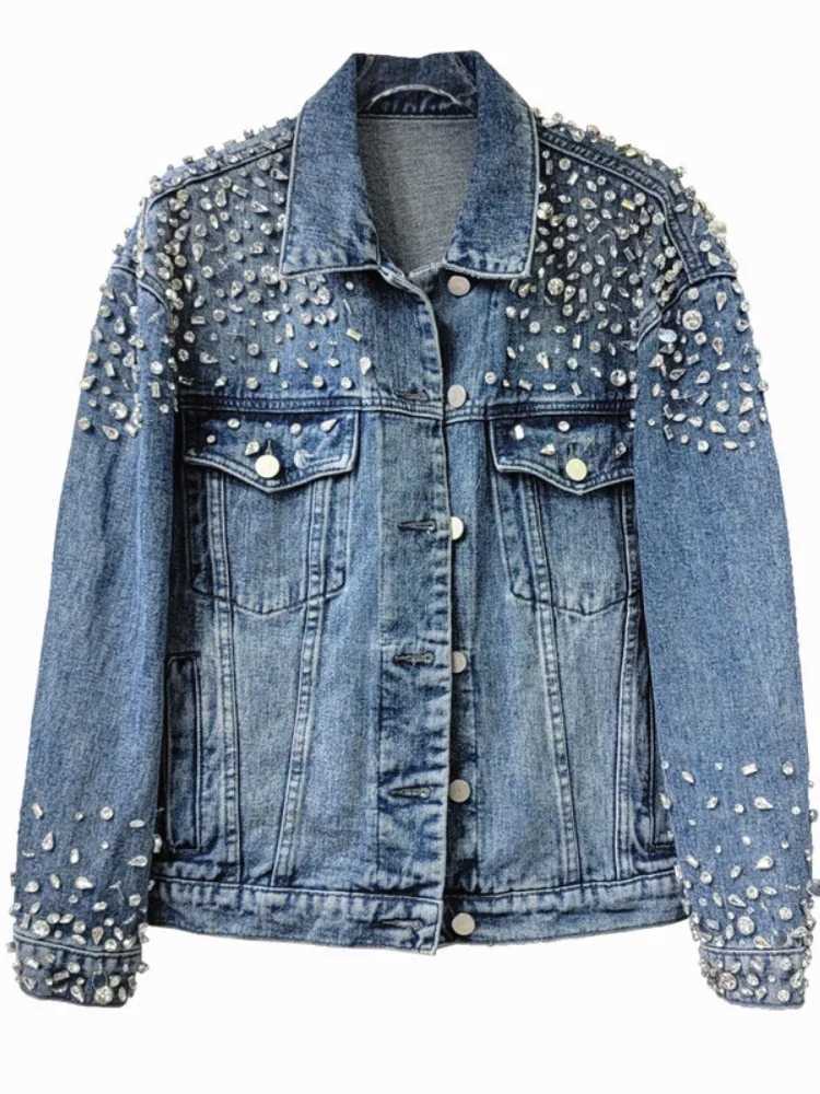 Retro Crystal Denim Coat Diamonds Beaded Jeans Bomber Jacket Cardigan Gemstones Cowboy Rhinestones Streetwear Tops ChaquetasX240920