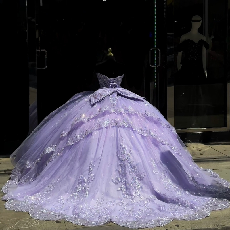 Lavender Off The Shoulder Quinceanera Dresses Ball Gown Appliques Lace Beads Crystal Bow Tull Sweet 16 Dress Vestidos 15 De Anos
