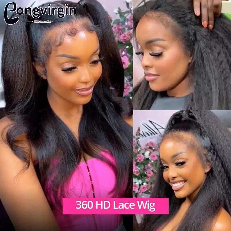 Kinky 360 Full HD Lace Frontal Wigs 250% Yaki Straight Human Hair Wig 30 38 Inches High Ponytail On Sale