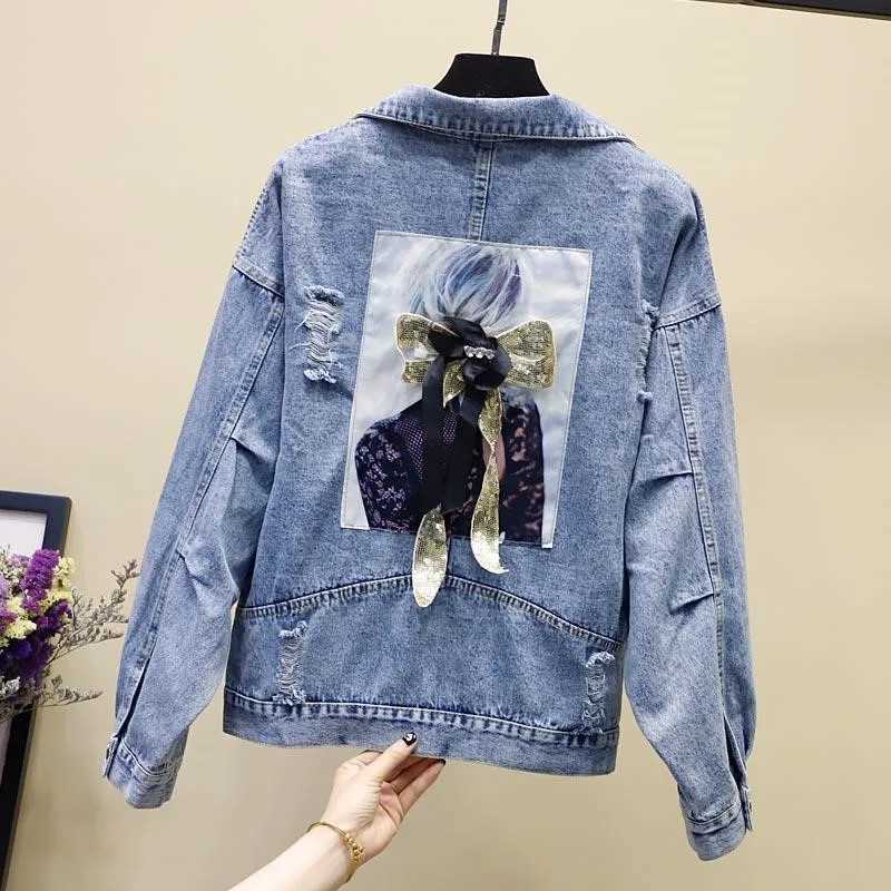 2024 New Autumn Harajuku Denim Jacket Sequins Beauty Applique Jeans Jacket Frayed Holes Casual Outwear Streetwear Denim Coat 357X240920