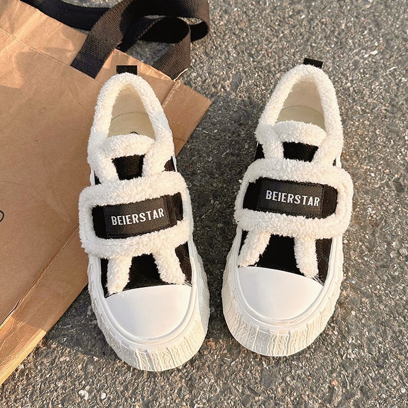 Winter Women Breathable Warm White Wool Thick Heel Plaid Sneakers Casual Running Platform Y2k Lolita Shell Shoes