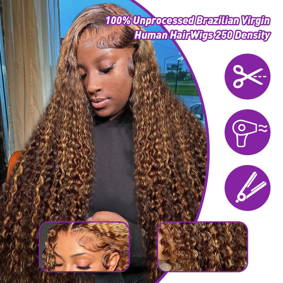 Highlight Honey Blonde Curly Water Wave 13x6 HD Lace Frontal 100% Ombre Deep Human Hair Wigs Wear Go 4x4 Wig