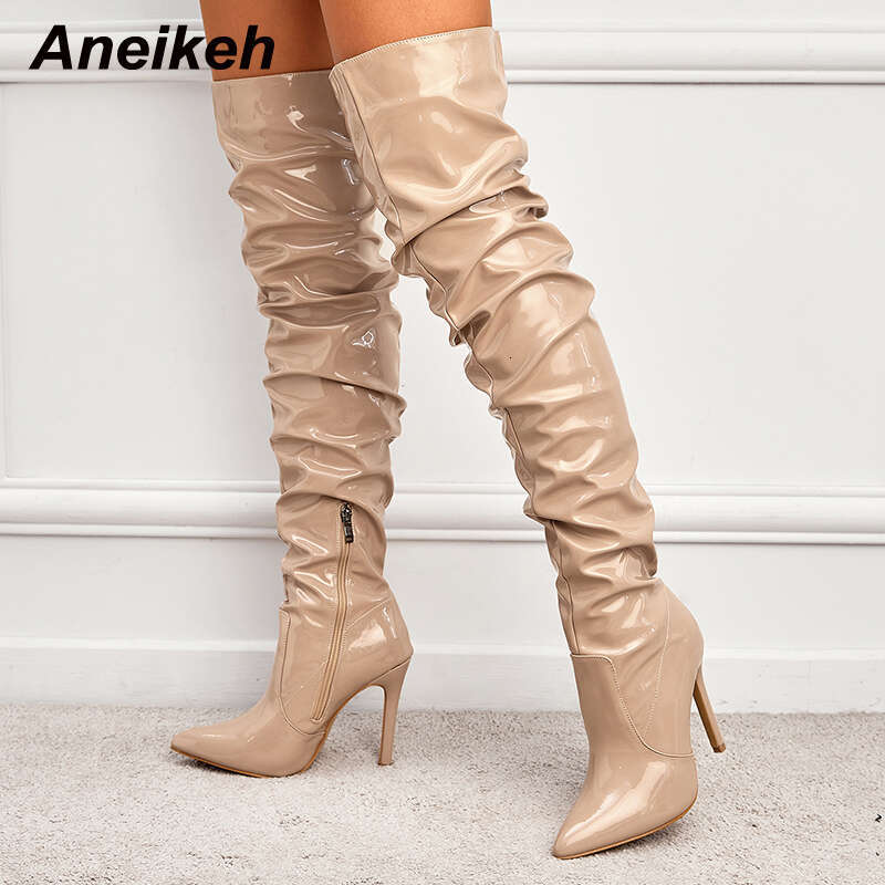Aneikeh Patent Leather Over The Knee Women Shoes Heels Fashion Solid Sexy Thin High Heel Side Zippers Boots Female