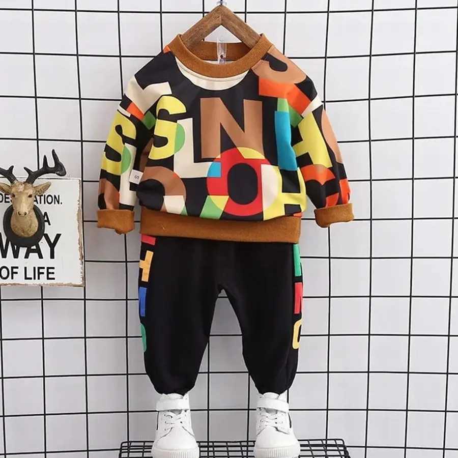 Spring Autumn Kids Boys Full Printed Letters Sweatshirt Korean Children Baby Cotton Top+ Pants 2pcs Sets Sportswear Cool Clothes M240920