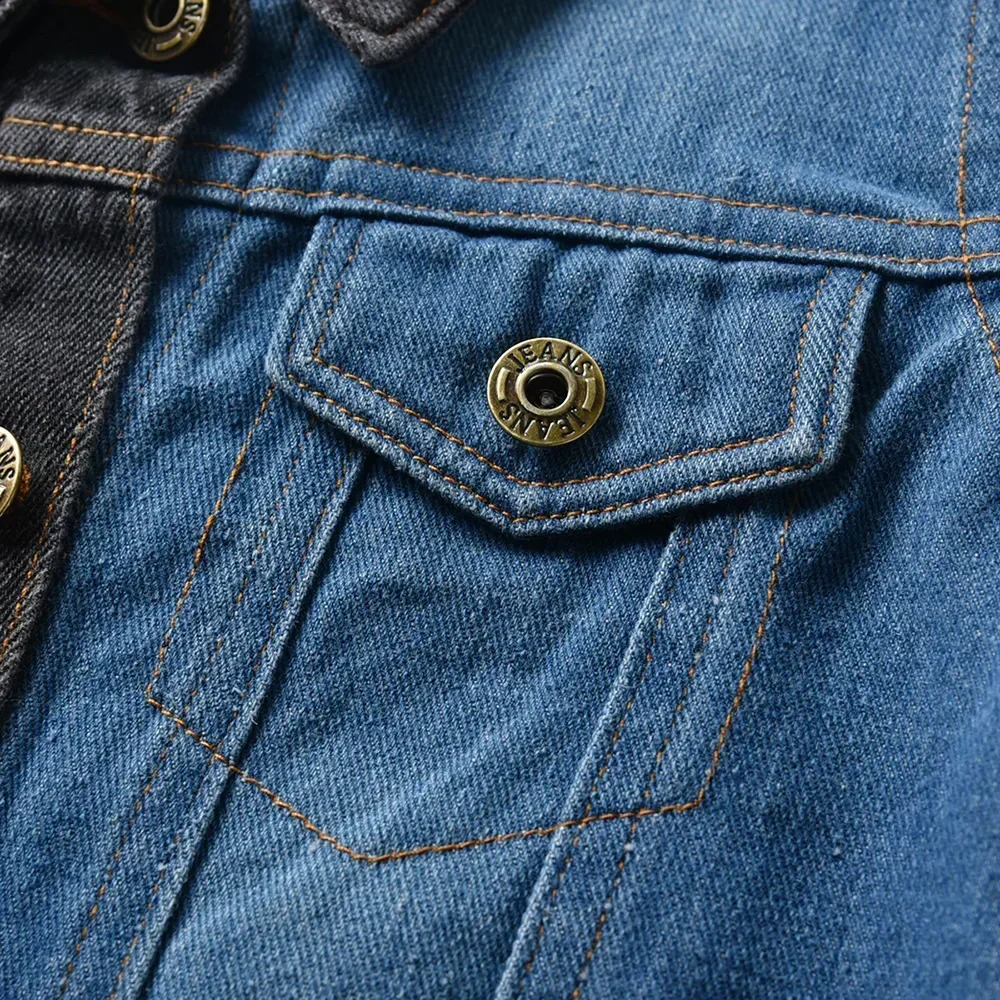 70-140cm childrens casual denim jacket with black and blue patchwork color fashionable street boy jeans jacket with perforated collar 240918