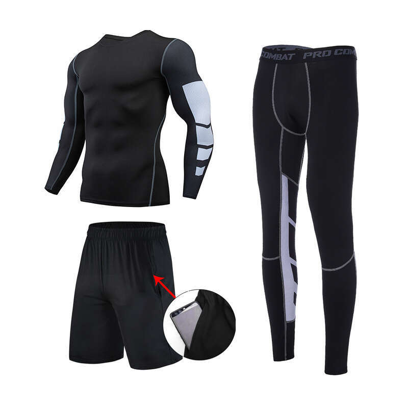 Quick Drying Sports Suit Men's Summer Short Sleeved T-Shirt Fitness Suit Running Equipment Tight Fitting Suit Training Three Piece Set Basketball