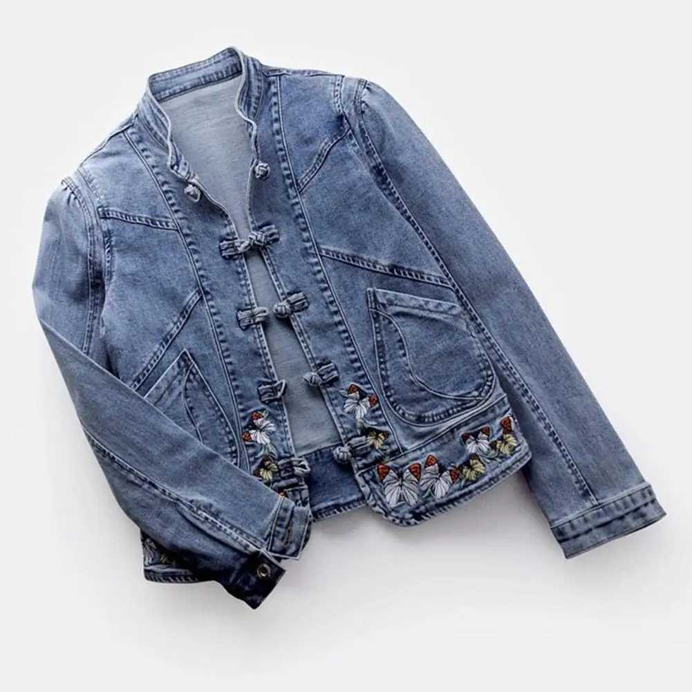 Women Retro Denim Jacket Solid-color Lapel Jacket Chinese Style Embroidery Denim Coat for Women with Slim Fit Turn-down CollarX240920