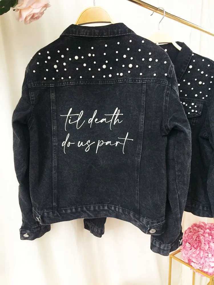 PERSONALIZED Black Denim Statement Coats Bridal Jacket Customized Wedding Jean Jacket Bridal Denim With Pearl Womens MRS CoatsX240920