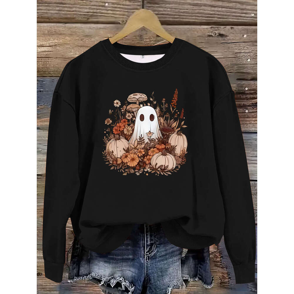 Hallowmas Autumn and Winter Womens Casual Long Sleeved Round Neck Cartoon Ghost Print Pullover Sweatshirt Hoodie Defined Jacket Jackets Womens Autumn 