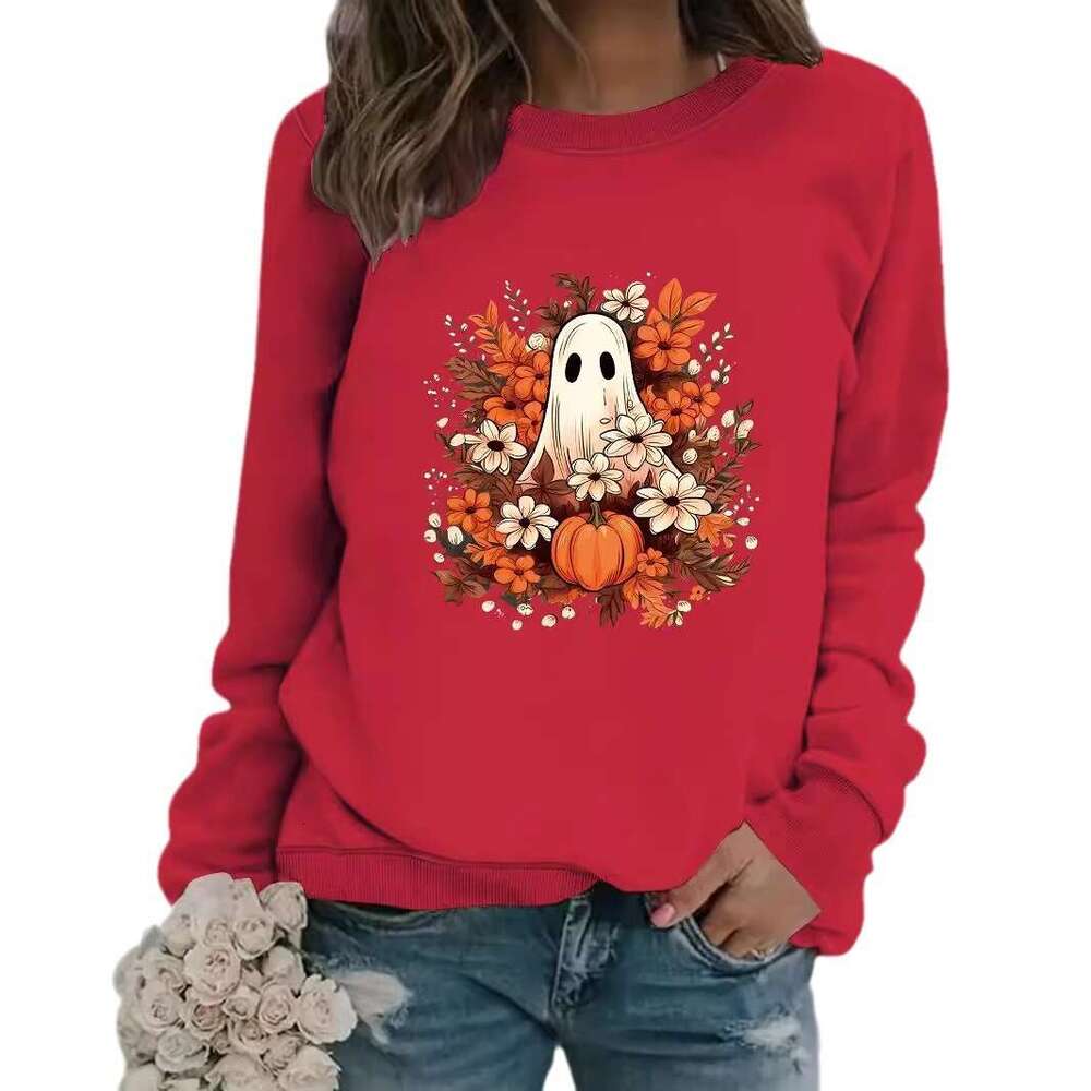 Hallowmas Autumn Winter Womens Casual Long Sleeved Round Neck Ghost and Floral Print Pullover Sweatshirt Womens Jacket Coats Designer Women Autumn Dre