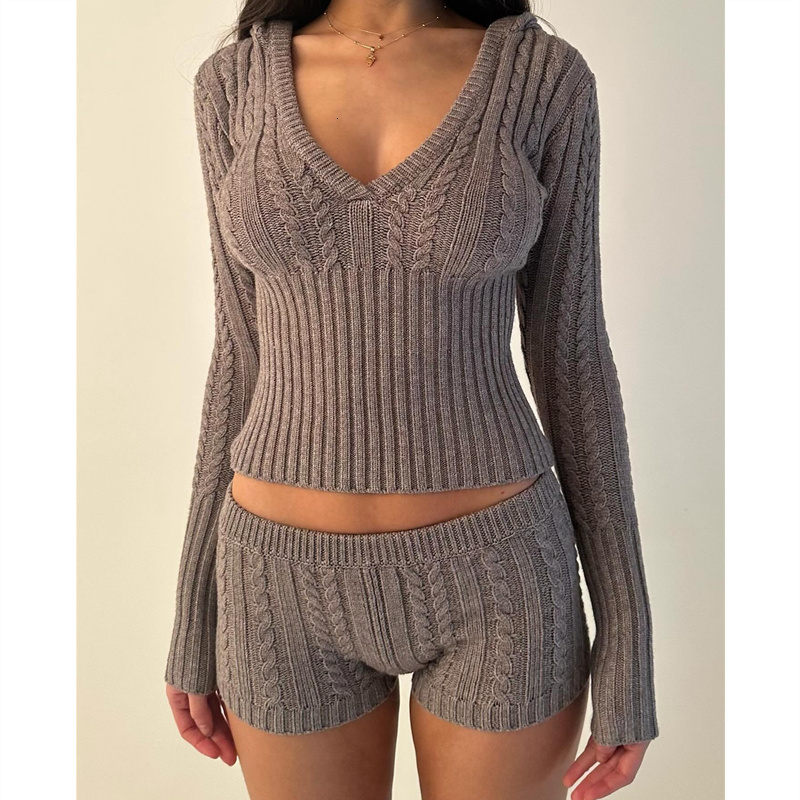 Women 2 Piece Aesthetic Long Sleeve Hoodie And Low Waist Shorts Clothes Set Streetwear