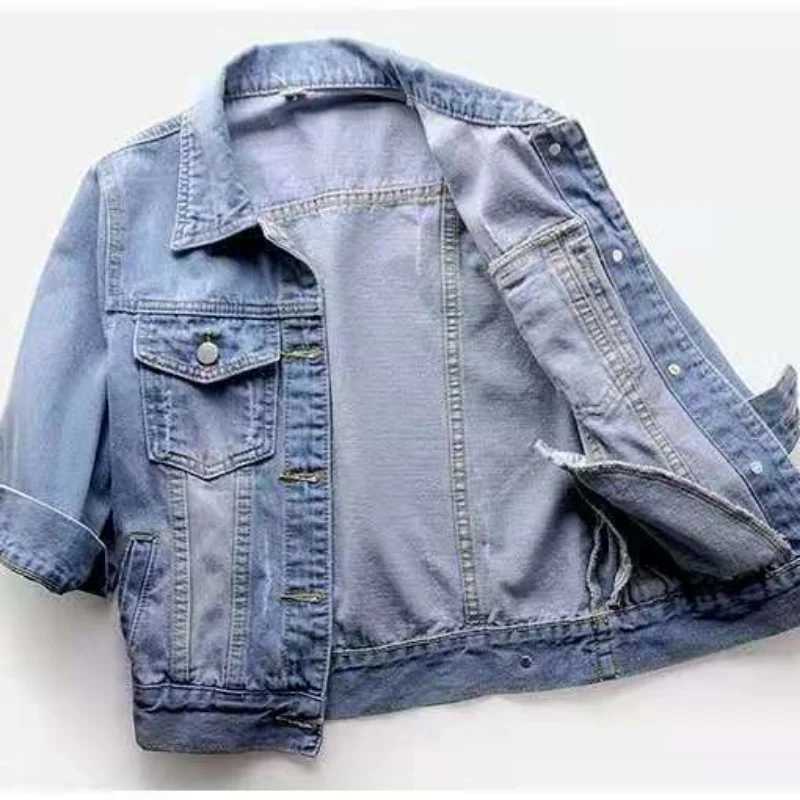 Spring Summer Half Sleeve Women Collared Distressed Coat Ladies Washed Cropped Denim Jacket Girl Ripped Jean Cardigan ShawlX240920
