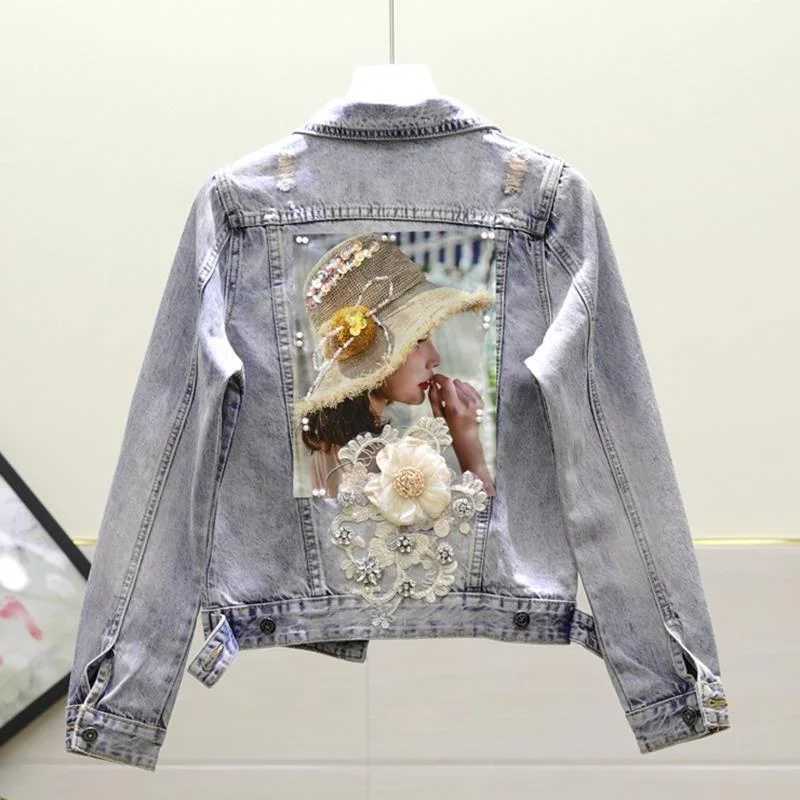 Womens Denim Jackets Diamonds Spring Autumn Female Jeans Coat Embroidered with Rhinestones Patchwork Sequin Print Graphic BlueX240920