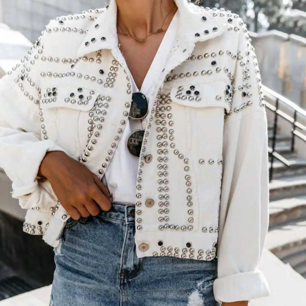 Womens collar washed denim jacket single chest retro full sleeve rivet motorcycle streetwear Gothic jacket spring W240920