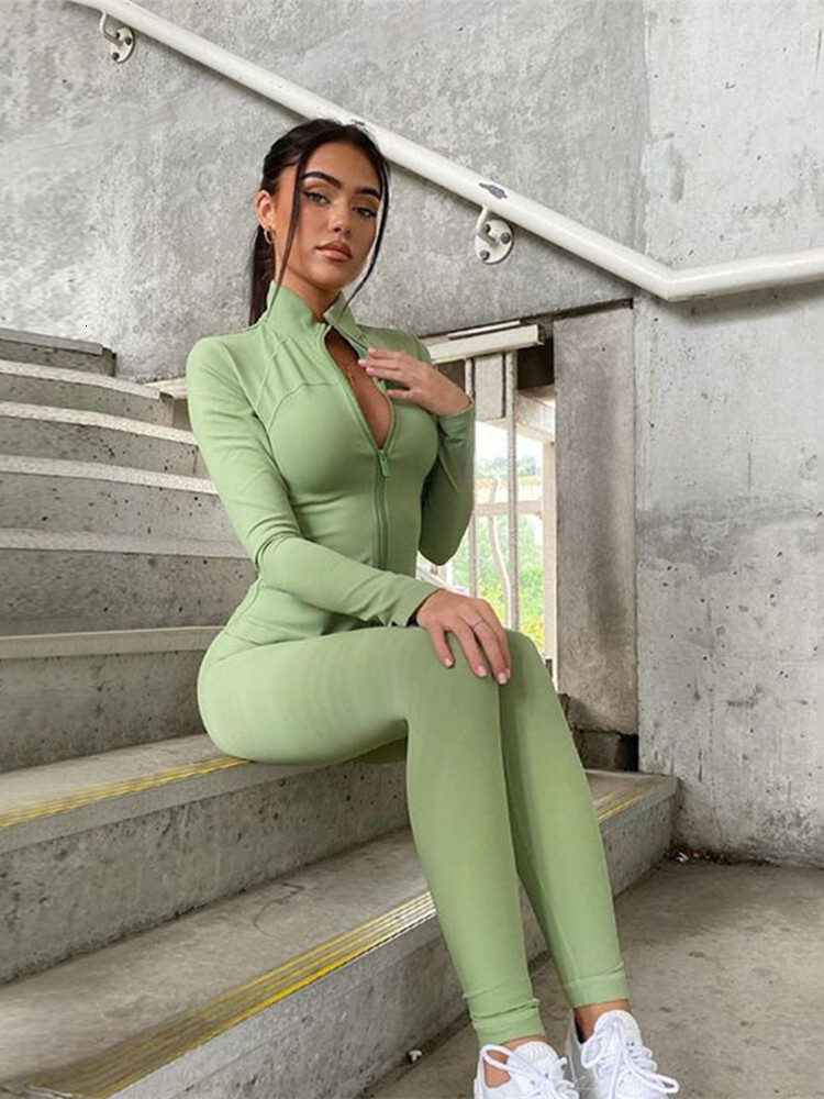 Solid 2 Pieces Set Outfits Women Zipper Tracuits Running Fiess Sports Wear Long Sleeve Pants Slim Body Suits Woman Clothing