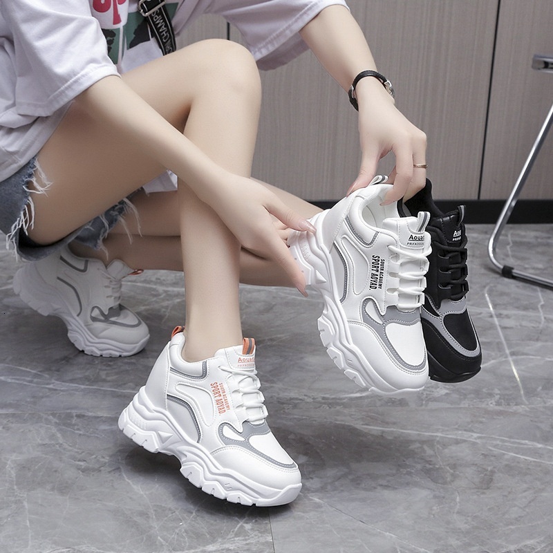 Leather inner raised dad women's spring autumn thick soled color blocking casual shoes, lightweight comfortable, student running and sports shoes