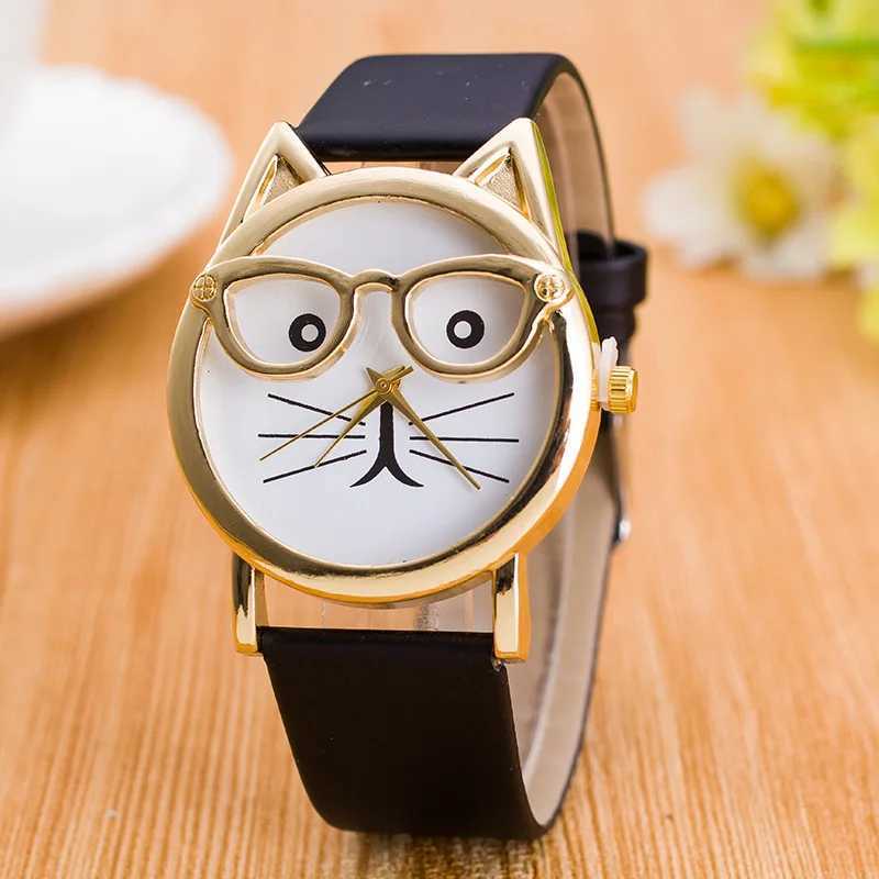 Fashion Leopard Print Watches Women Cute Glasses Cat Watches Ladies Faux Leather Band Quartz Wristwatches Best Gift Montre FemmeX240920