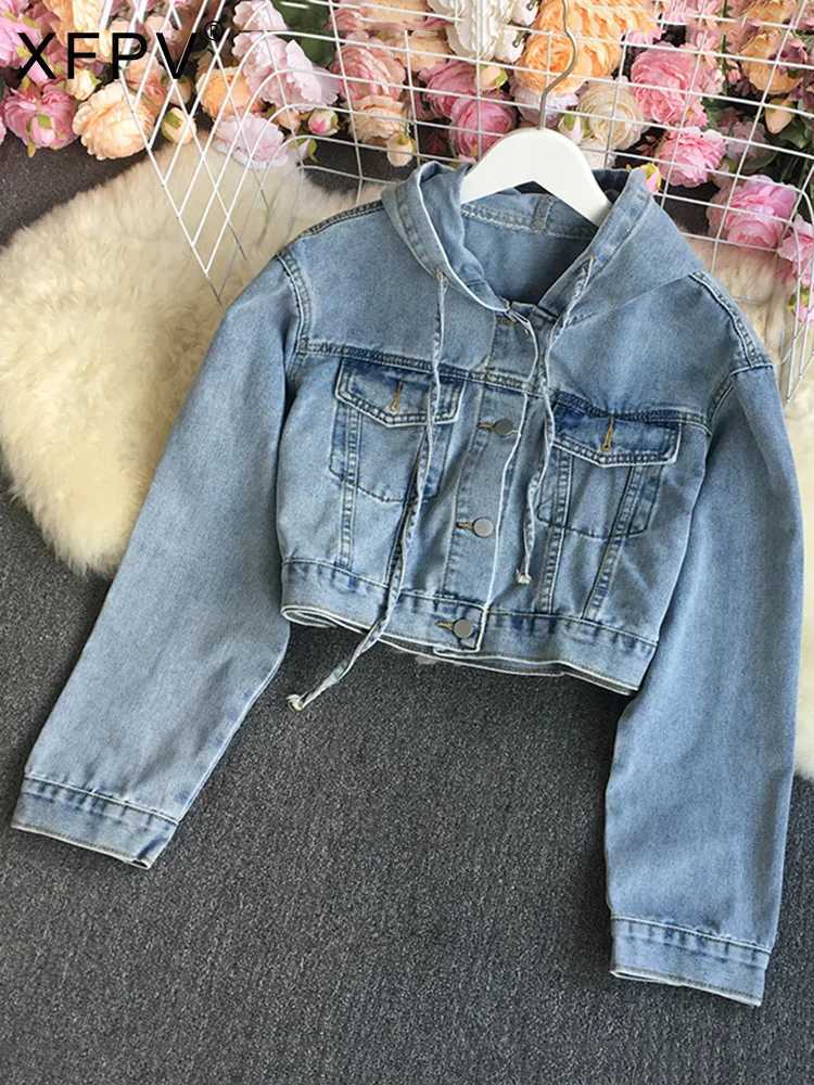 XFPV 2023 New Autumn Vintage Casual Solid Color Hooded Drawstring Denim Jacket Women Single Breasted Shorts Coat Tide SM1742X240920