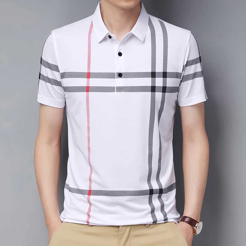 High Quality Mens New Summer Plaid Short Sleeved Seamless Polo Shirt Business Casual Breathable Mens Striped Lapel T-ShirtX240920