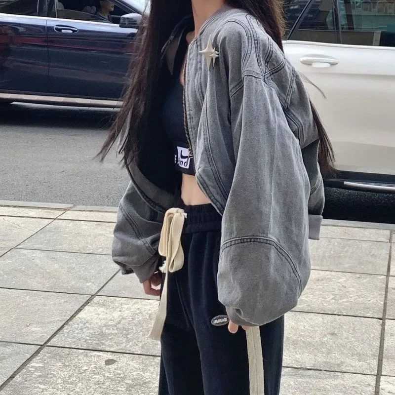New Grey Women Denim Jackets Streetwear Y2k Cross Crop Hippie 90s Oversize Zip Jackets Coat Harajuku Womens ClothingX240920