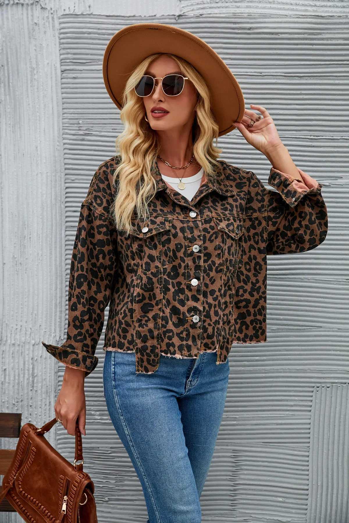 Denim Autumn Leopard Print Jackets Coats Women Casual Fashion Irregular Ladies Cropped Jackets Long Sleeve Loose Woman Coat 2023X240920