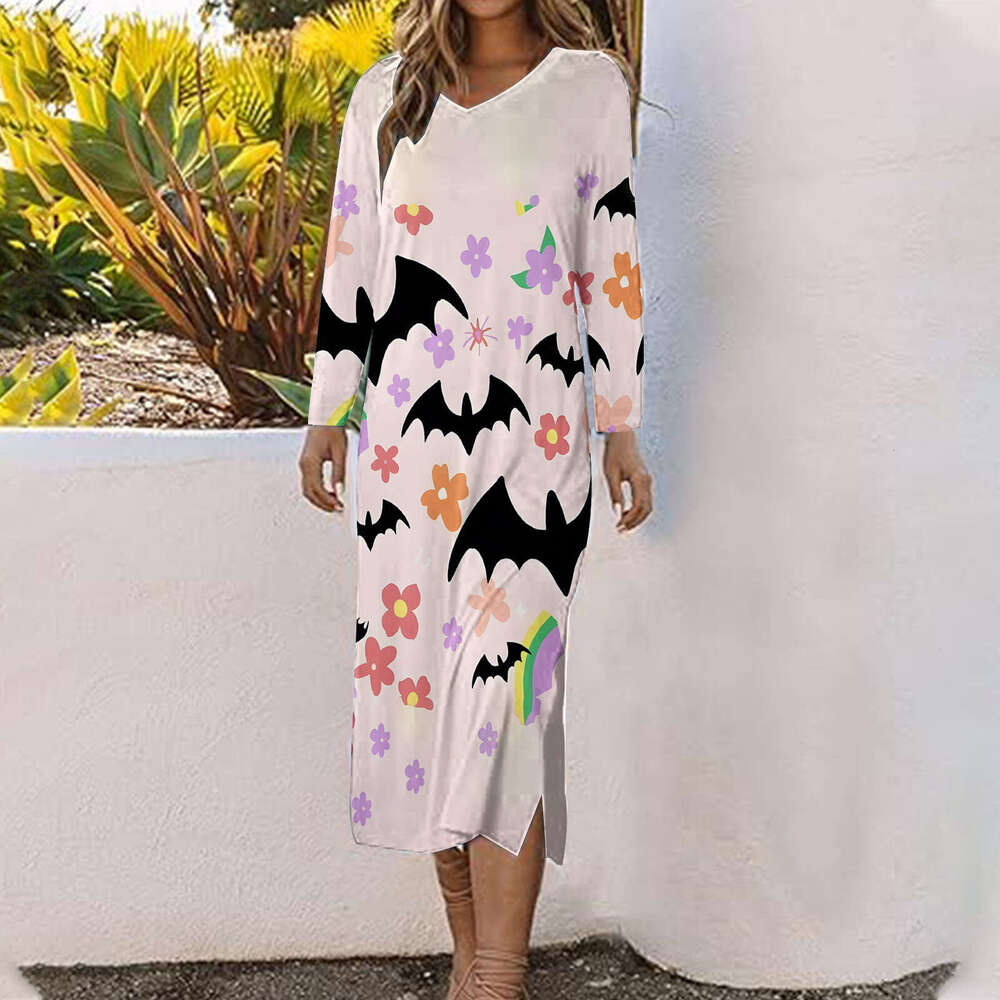 Hallowmas Halloween print 2024 new fashionable casual versatile mid length dress for women