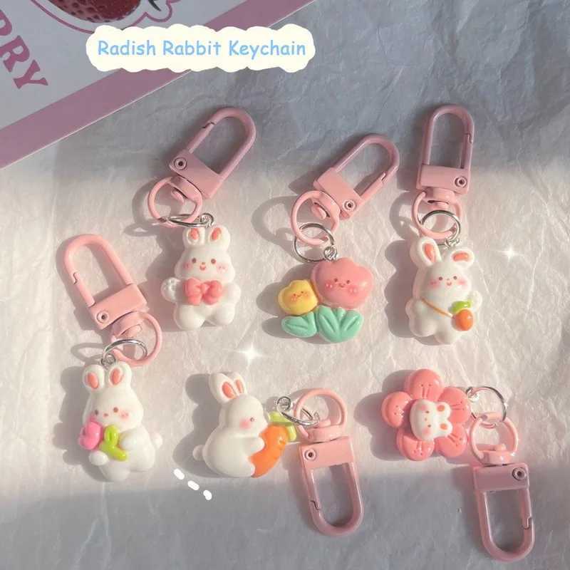 Fashion Pink Cartoon Cute Rabbit Key Chain Sweet Girls Carrot Bunny Flowers Keychain Bag Backpack Pendant Accessory GiftsX240919
