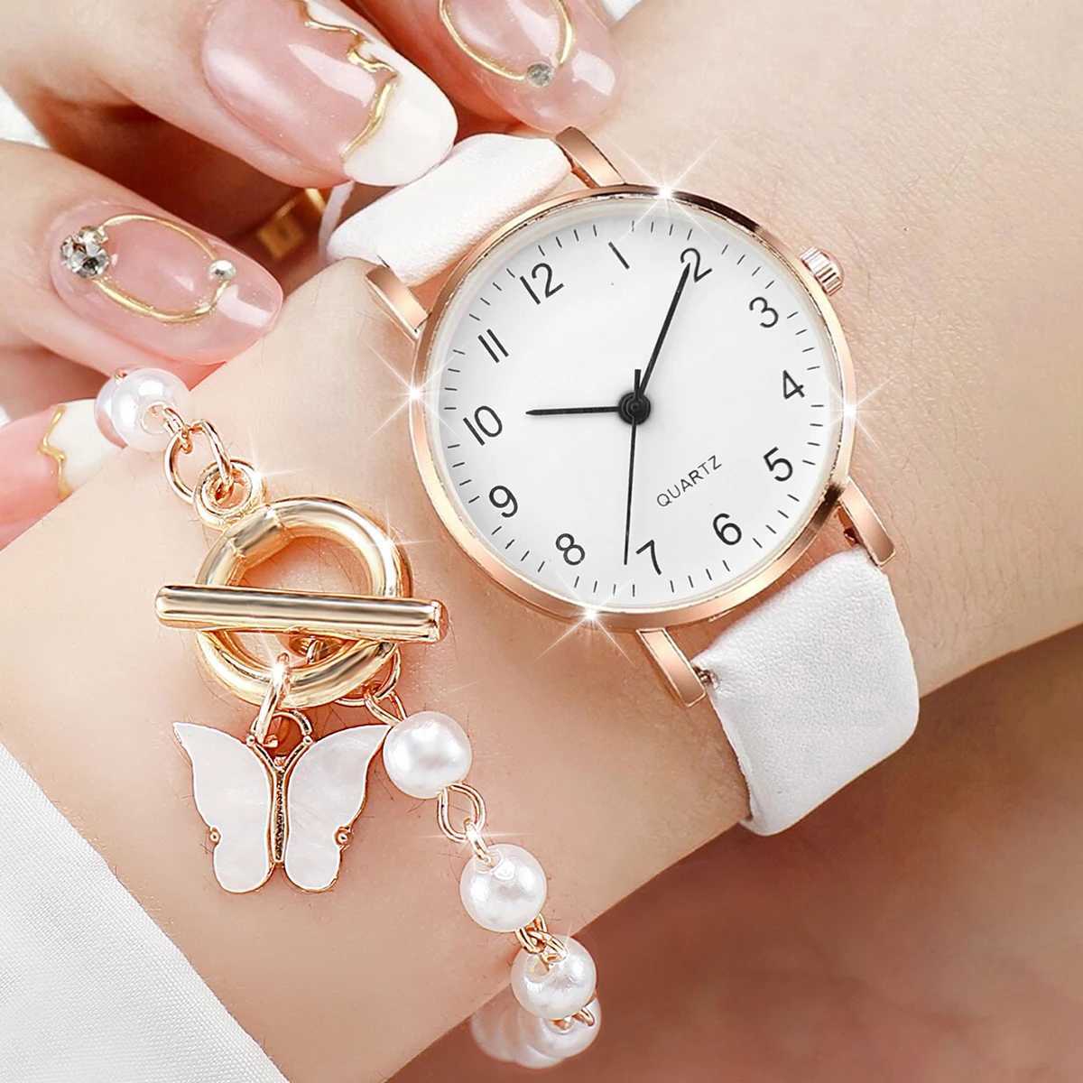 2PCS/Set Fashion Arabic Dial Women Watches Casual Leather Band Quartz Watch Pearls Butterfly Bracelet SetX240920