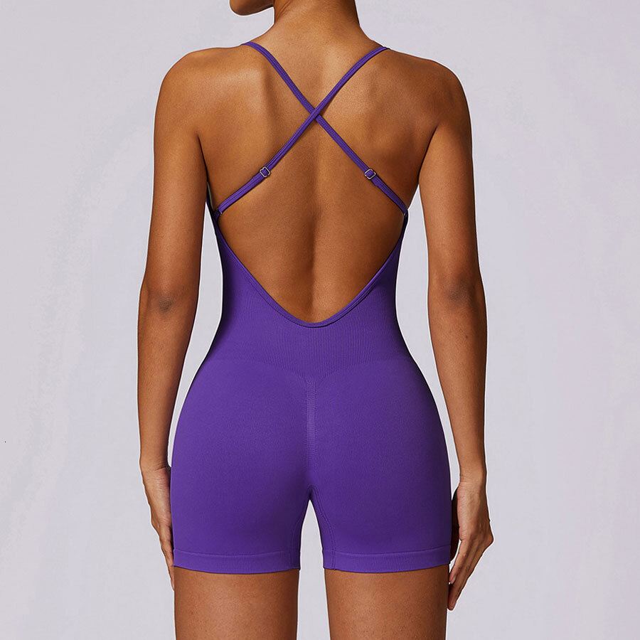 NCLAGEN Women Seamless Gym Jumpsuit Adjustable Thin Strap Sports Shorts Set Workout Playsuit Backless Cross One Piece Yoga Suit