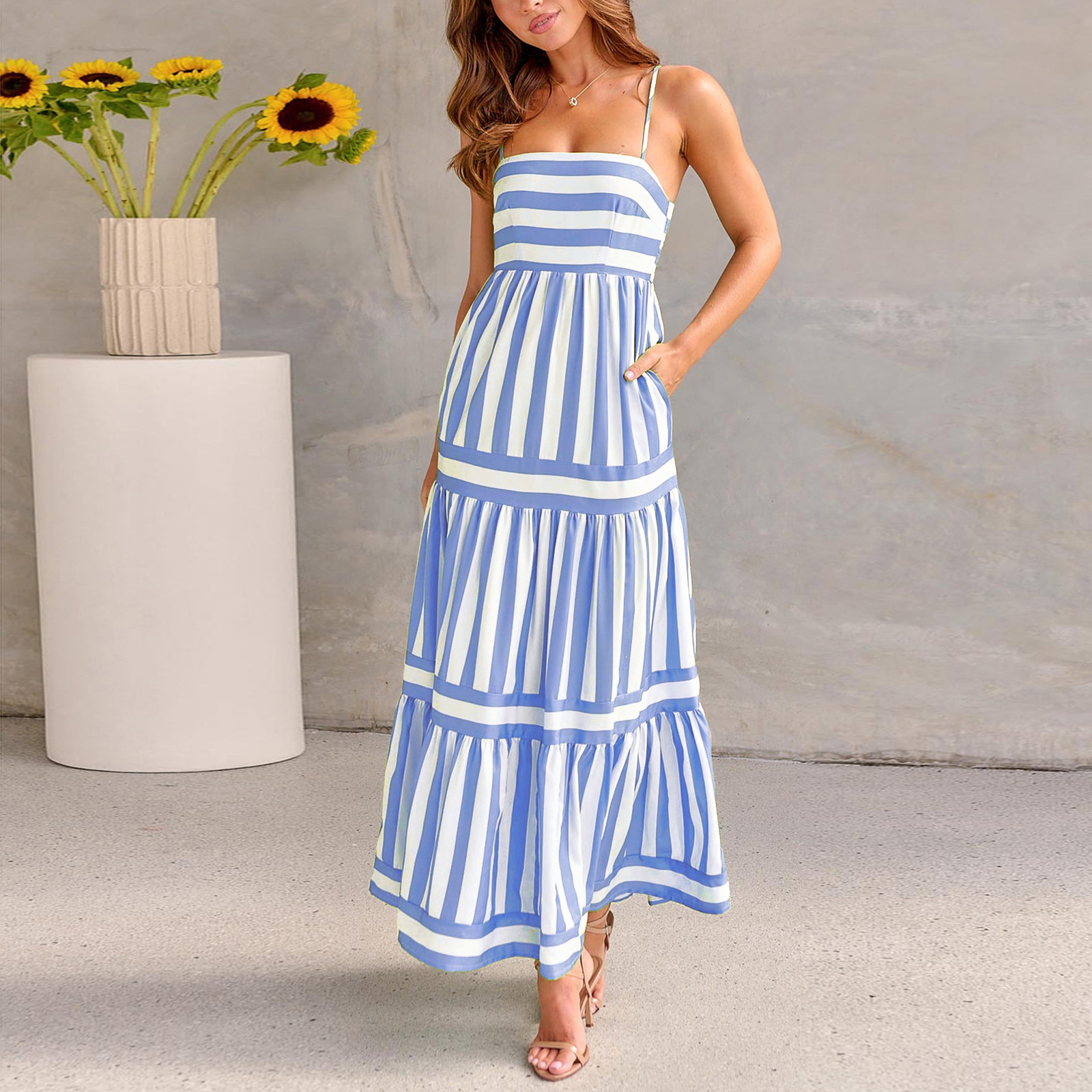 2024 New Dress Women's Summer European and American Stripe Printed Strap with Open Back Pocket Large Swing Skirt