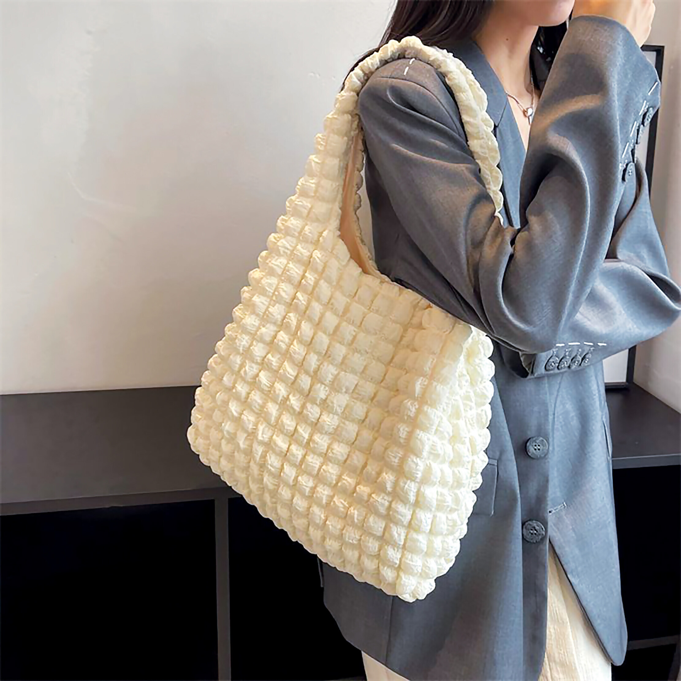 Women Fashion Quilted Shoulder Trendy 2023 Bubble Fabric Cloud Korea girls Tote Cos Bag