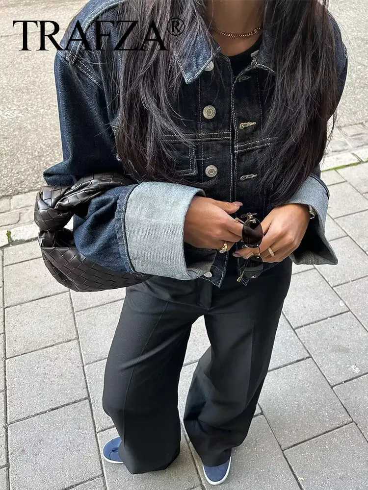 TRAFZA Women Vintage Denim Jacket Single Breasted Lapel Long Sleeve Coat With Pockets Dark Blue Denim Jacket Fashion High StreetX240920