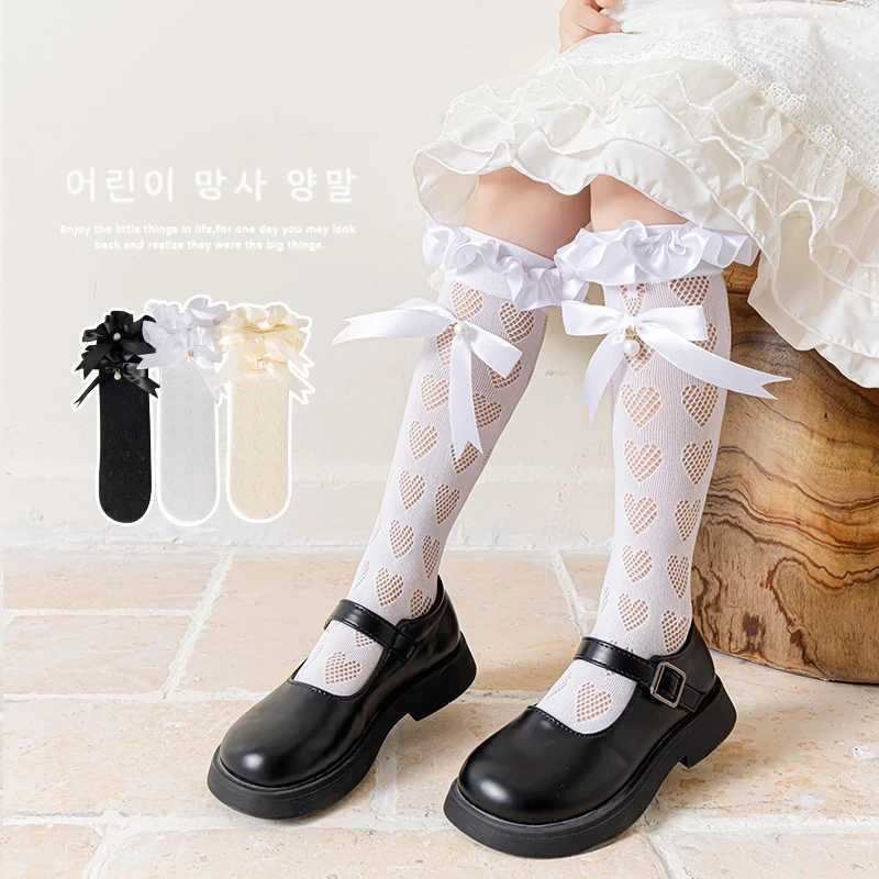 Kids Socks Baby Kids Big pendant pearl Long Lolita Sock Hollow mesh heart Over The Knee High Sock Ribbon bow Princess Girl Kawaii Stockings Q240920