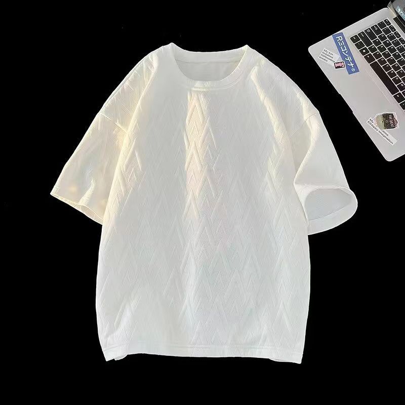 Advanced Jacquard T-shirt men's fashion brand summer plus size heavy short sleeve American high street five and a half sleeves.