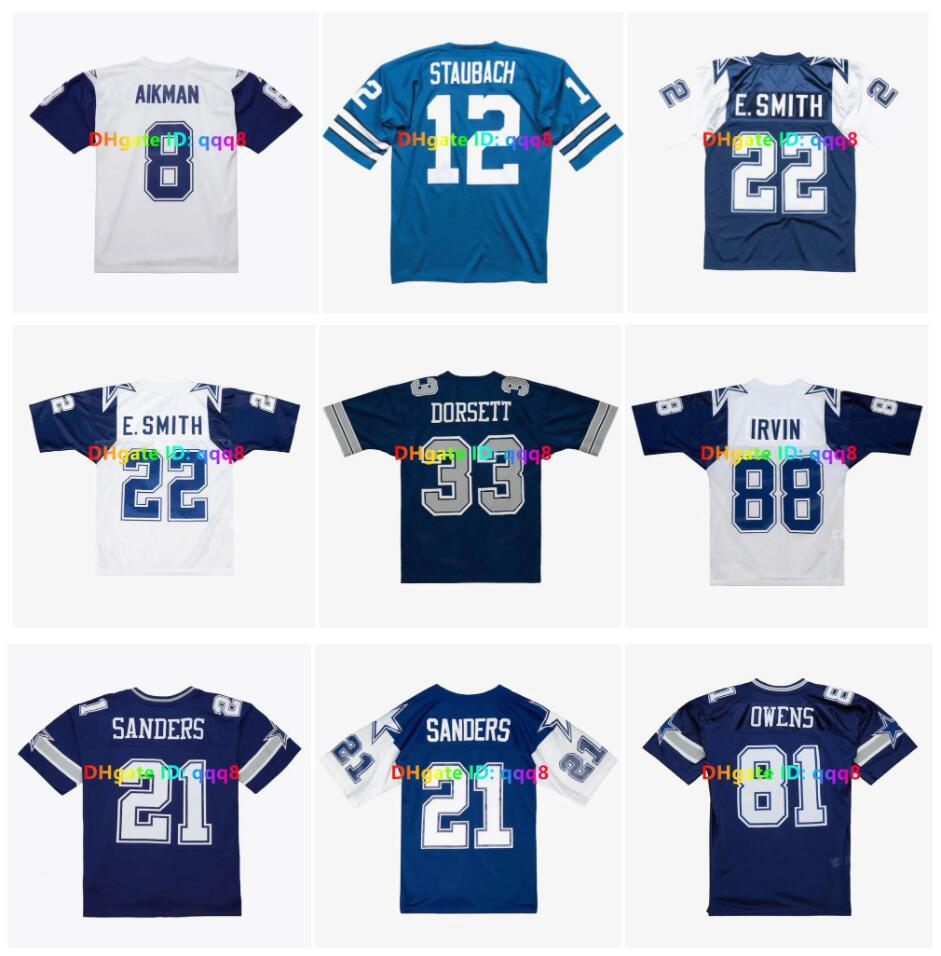 88 Michael Irvin Emmitt Smith Cowboy Deion Sanders 1994 Throwback Football Jersey With 75TH Ptach 8 Troy Aikman 12 Roger Staubach 33 Tony Dorsett White Blue Size S-3XL