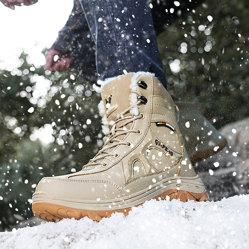 Large size outdoor plush cotton high top with lace up hiking shoes, winter leather faced men's warm snow boots