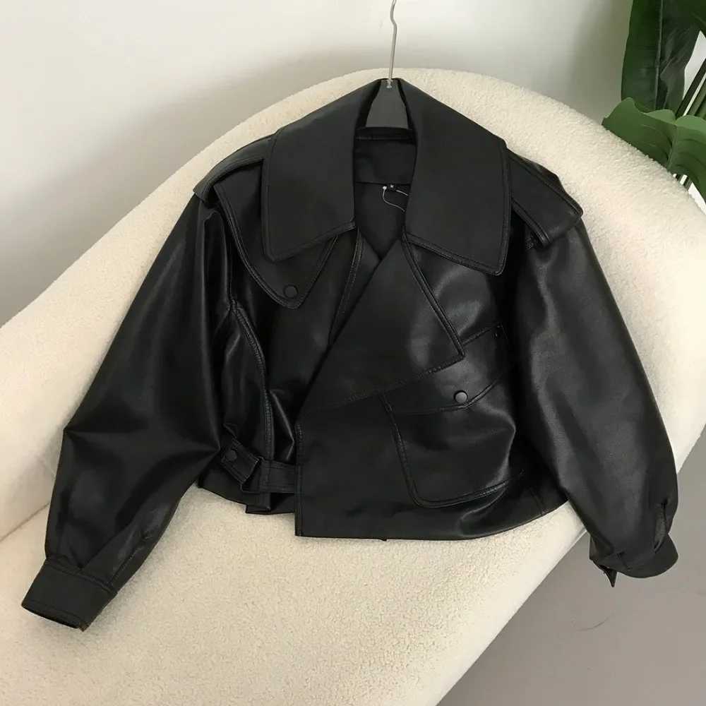 2024 Turn down Collar New PU Faux Leather Jacket American style Spring Women Biker Coat Motorcycle Loose Streetwear OuterwearX240919