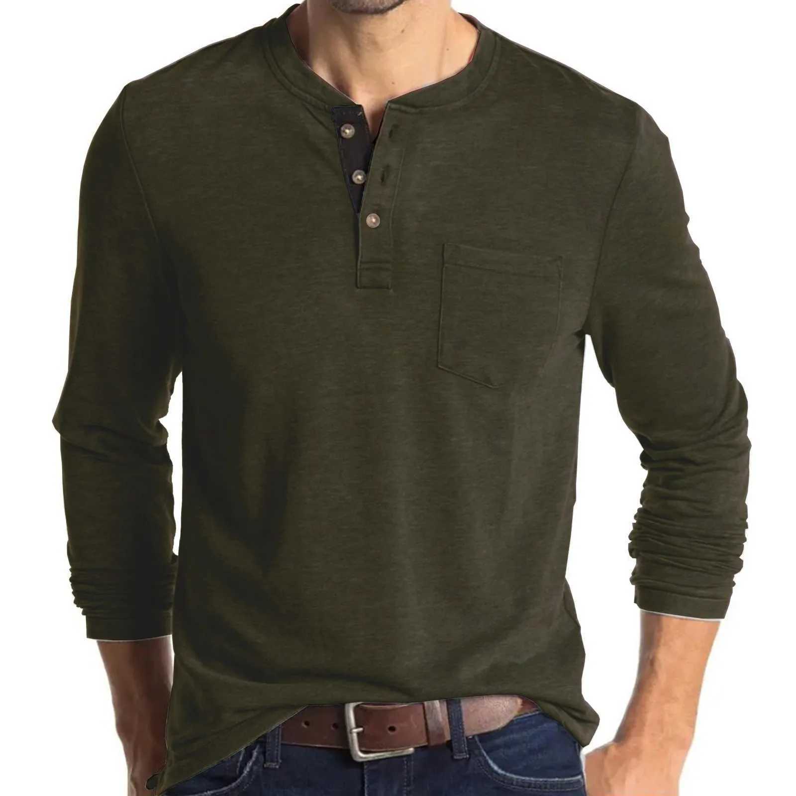 Mens Round Collar Long Sleeved T-shirts Solid Casual Top Single Breasted Pocket TShirt Soft Comfy Bottoming Shirt for SpringX240919