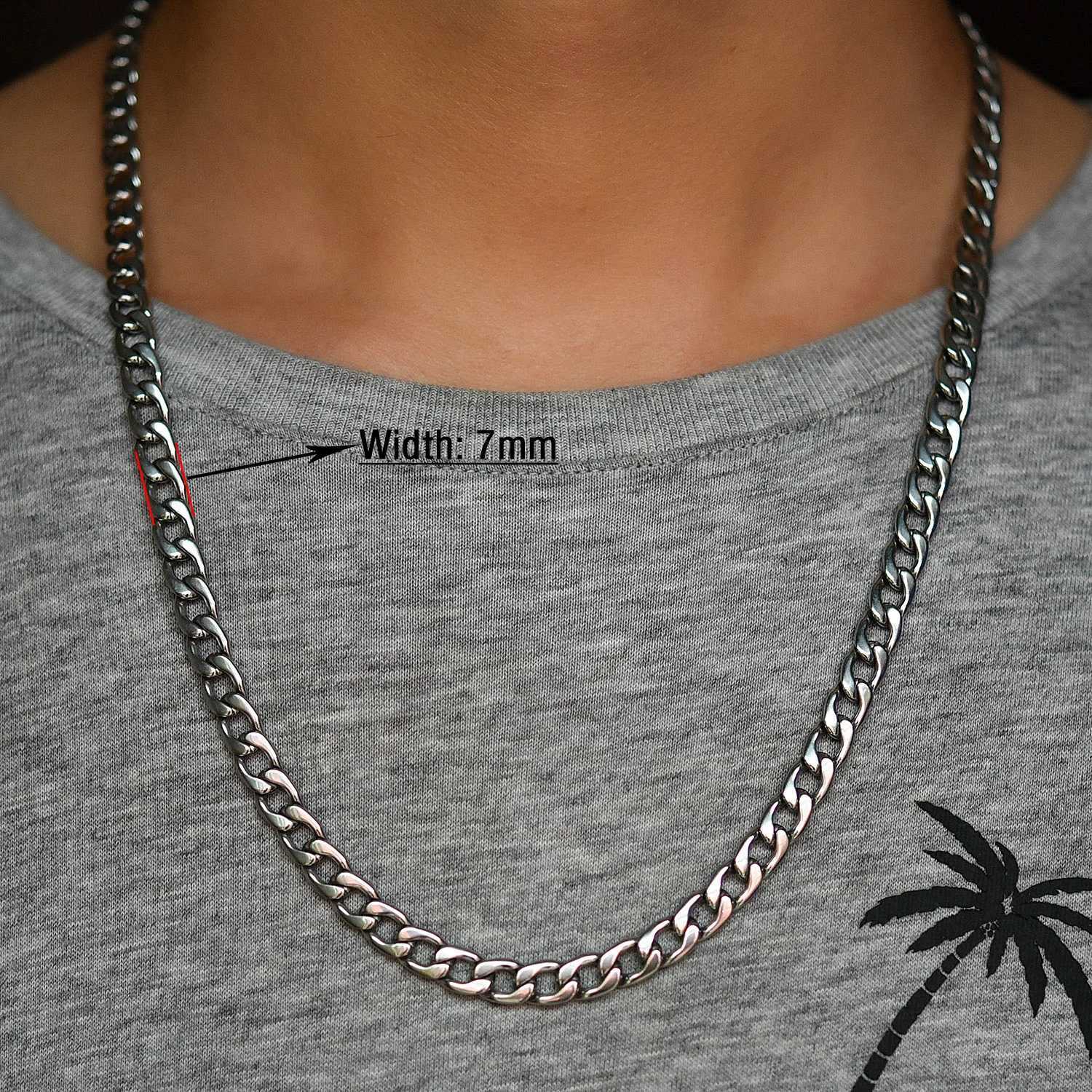 Mens Necklace Round Cuban Link Chain on Neck Stainless Steel Silver Color Punk Boy Women Choker Jewelry Accessories GiftsX240919