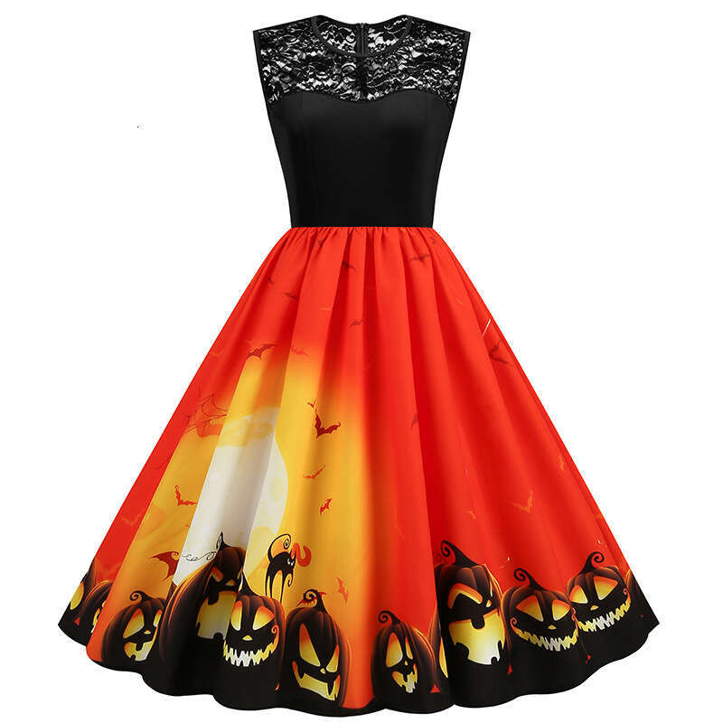 Hallowmas Halloween lace patchwork waist cinching big swing womens dress 8055
