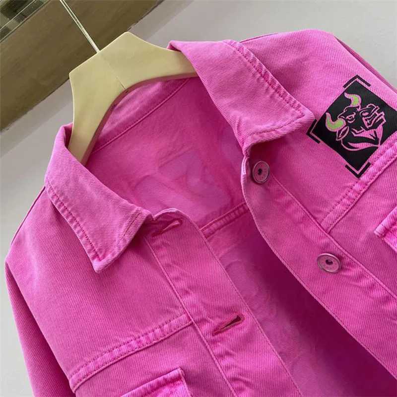 2023 Spring Autumn Period New Rose Red Printed Denim Jacket Ladies European Fashion Age-reducing Women Denim Short Coats TopsX240920