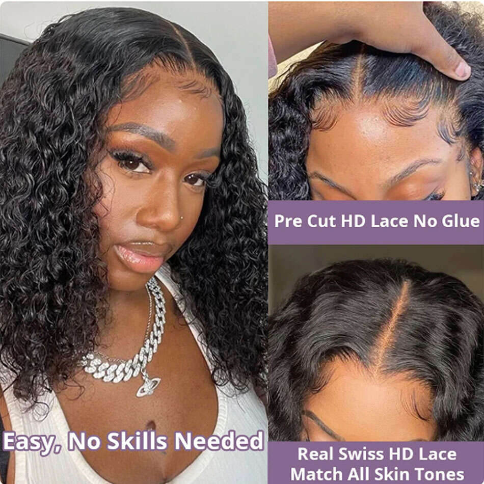 Glueless 8 16 Inch Kinky Human Hair Wig Wear To Go Pre Plucked Lace Peruvian Curly Bob Wigs For Women And Girls