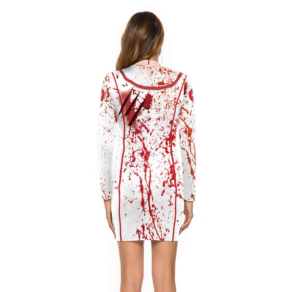 Hallowmas Hot selling womens Halloween nurse zombie round neck slim fitting long sleeved dress for women