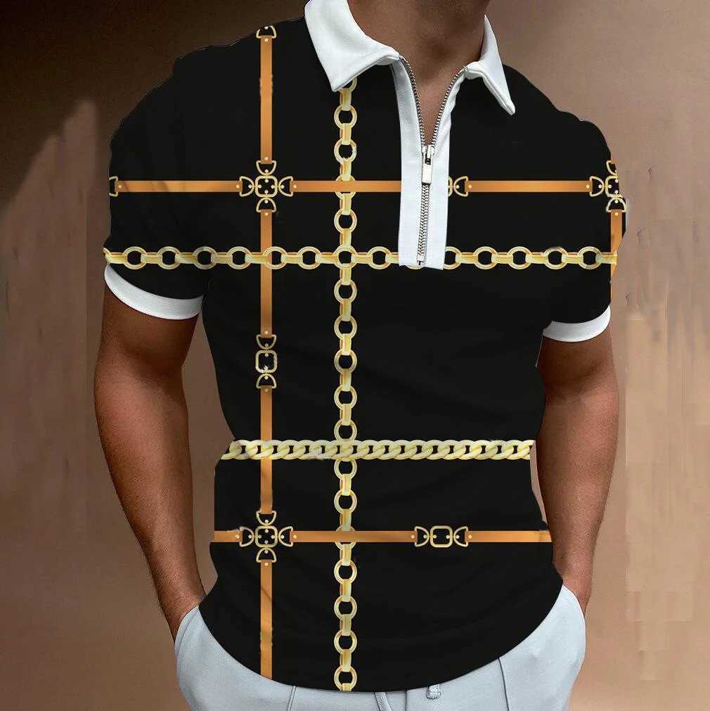 2022 New Summer Mens 3D Printed Polo Short Sleeve Stripe Check Pullover Casual Mens T-shirt Zip PoloX240920