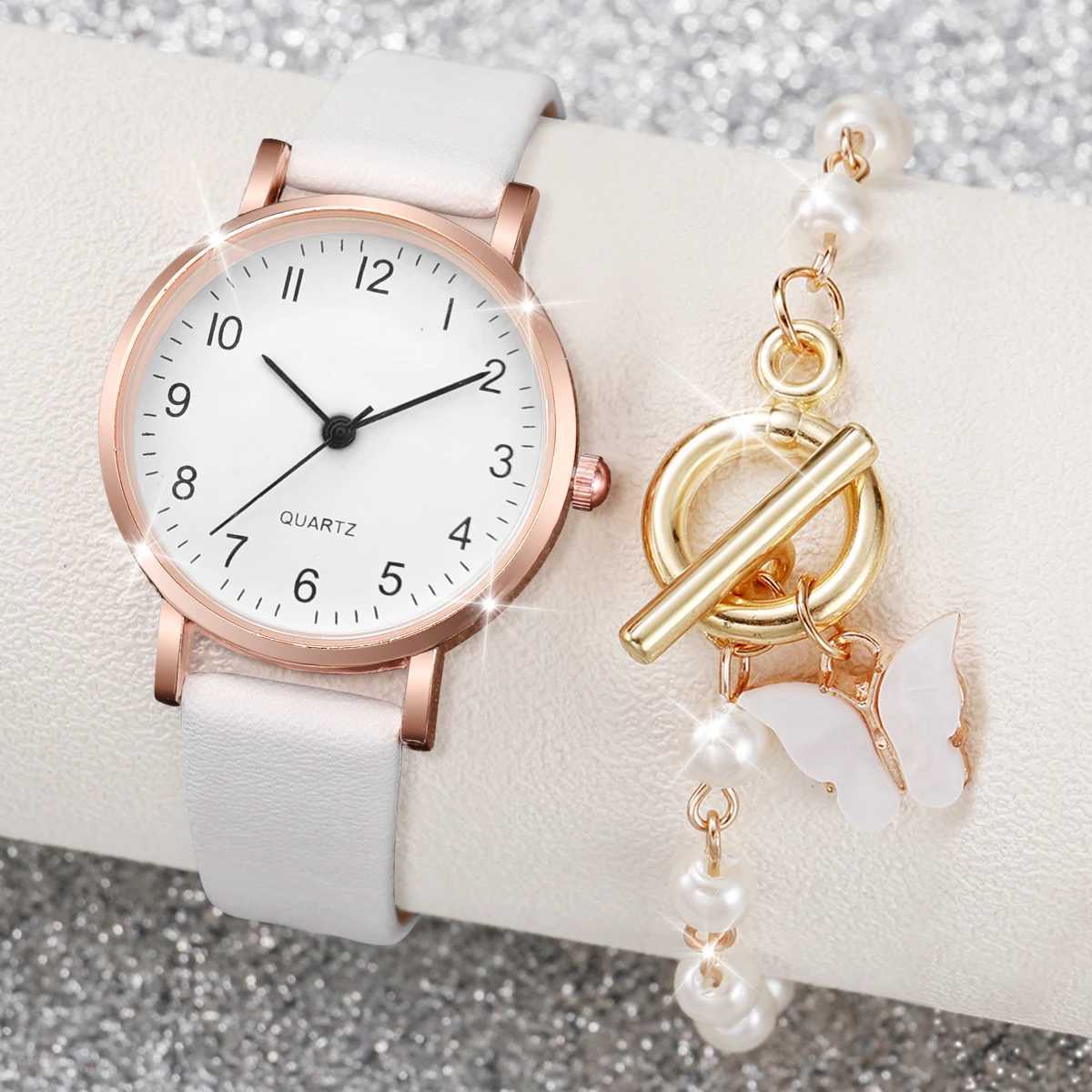 2PCS/Set Fashion Arabic Dial Women Watches Casual Leather Band Quartz Watch Pearls Butterfly Bracelet SetX240920