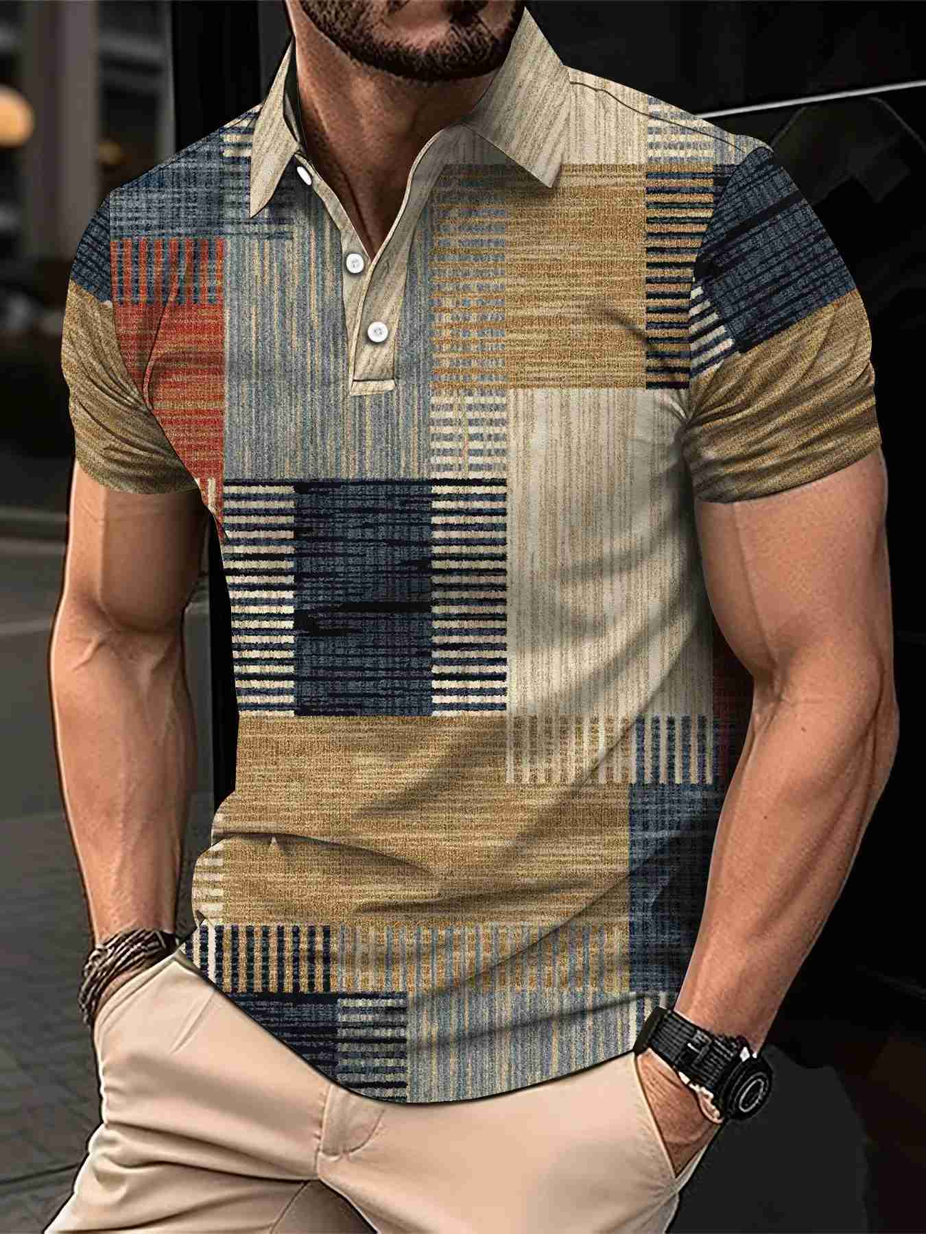 New Vintage Mens Polo Shirt 3D Fashion Patchwork Printing Shirts Casual Short-Sleeved Summer Streetwear Men Clothing Tees TopsXJ240920